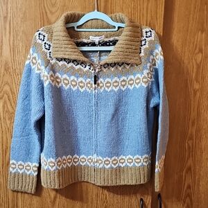 Woven Heart Blue and Brown Full Zip Sweater. NWOT